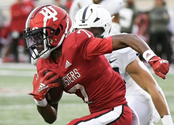 Indiana Hoosiers wide receiver D.J. Matthews Jr. (7) runs after a catch during the second half at Memorial Stadium.